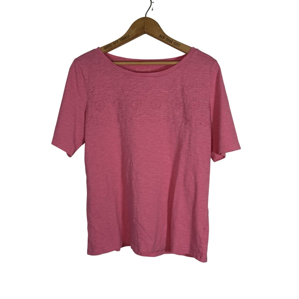Talbots Shirt Womens Medium Pink Crotchet Trim Bohemian Short Sleeve Cotton Tee